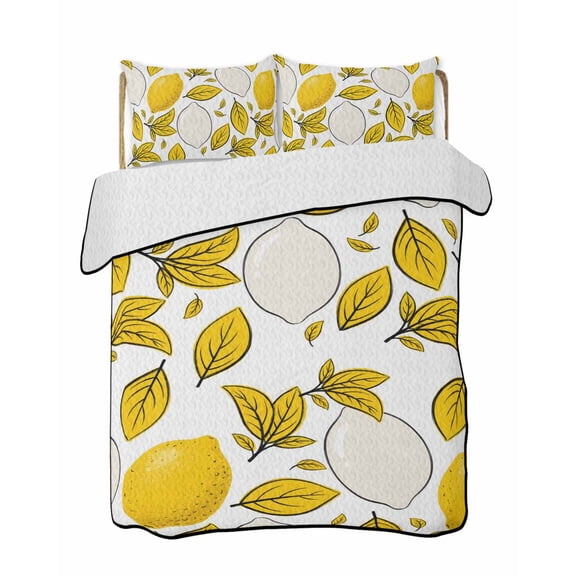 Quilts King Size Bedding Set, Yellow Lemon Lightweight Quilted Comforter, Summer Botanical Leaves Abstract Art Soft Reversible Bedspread Coverlet with Pillow Covers for All Season, 96" x 106"