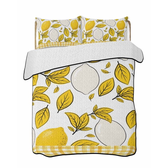 Quilts King Size Bedding Set, Yellow Lemon Lightweight Quilted Comforter, Summer Botanical Leaves Plaid Soft Reversible Bedspread Coverlet with Pillow Covers for All Season, 96" x 106"