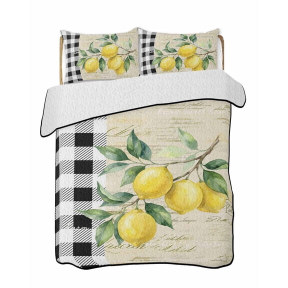 Quilts King Size Bedding Set, Yellow Lemons Lightweight Quilted Comforter, Summer Botanical Fruit Buffalo Lattice Soft Reversible Bedspread Coverlet with Pillow Covers for All Season, 96" x 106"