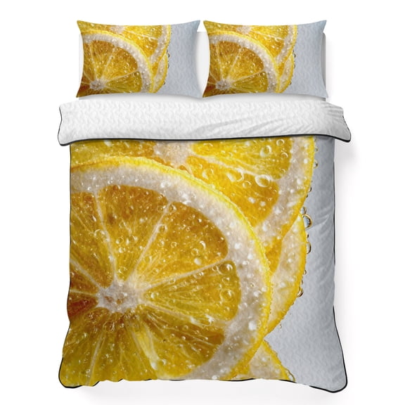 Quilts King Size Bedding Set, Yellow Lemons Lightweight Quilted Comforter, Summer Bubble Lemon Slices Fruit Soft Reversible Bedspread Coverlet with Pillow Covers for All Season, 96" x 106"
