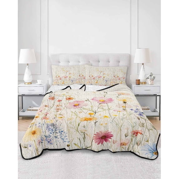 Quilts King Size, Beige Floral Spring Soft Comforter Bedding Set for Bed, Vintage Farmhouse Botanical Lightweight Quilted Bedspread with Pillow Cover(2 Pieces) for All Season, 96x106 Inch