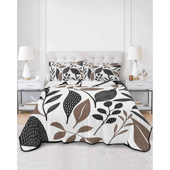 Quilts King Size, Black Brown Botanical Soft Comforter Bedding Set for Bed, Monstera Leaf Art Foliage Lightweight Quilted Bedspread with Pillow Cover(2 Pieces) for All Season, 96x106 Inch