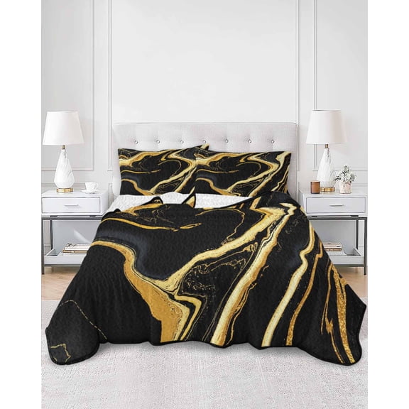 Quilts King Size, Black Gold Marble Soft Comforter Bedding Set for Bed, Modern Geometric Textured Lightweight Quilted Bedspread with Pillow Cover(2 Pieces) for All Season, 96x106 Inch