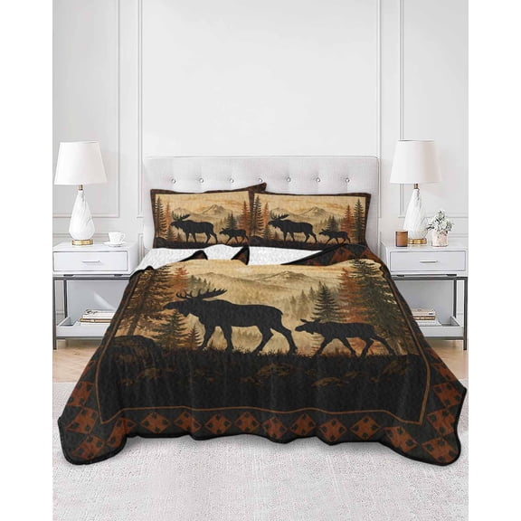 Quilts King Size, Black Moose Silhouetted Soft Comforter Bedding Set for Bed, Farmhouse Cabin Pine Trees Lightweight Quilted Bedspread with Pillow Cover(2 Pieces) for All Season, 96x106 Inch