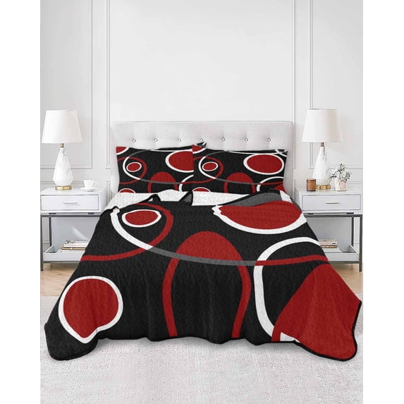 Quilts King Size, Black Red Soft Comforter Bedding Set for Bed, White Circle Geometric Abstract Texture Lightweight Quilted Bedspread with Pillow Cover(2 Pieces) for All Season, 96x106 Inch