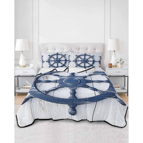 Quilts King Size, Blue Coastal Soft Comforter Bedding Set for Bed, Nautical Summer Beach Ocean Lightweight Quilted Bedspread with Pillow Cover(2 Pieces) for All Season, 96x106 Inch