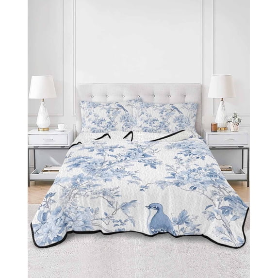 Quilts King Size, Blue White Flowers Soft Comforter Bedding Set for Bed, Spring Summer Floral Botanical Lightweight Quilted Bedspread with Pillow Cover(2 Pieces) for All Season, 96x106 Inch
