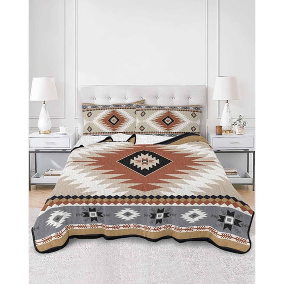 Quilts King Size, Brown Gray Boho Soft Comforter Bedding Set for Bed, Southwestern Ethnic Abstract Geometric Lightweight Quilted Bedspread with Pillow Cover(2 Pieces) for All Season, 96x106 Inch