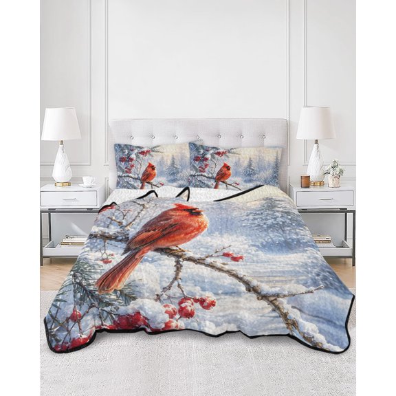 Quilts King Size, Christmas Cardinal Soft Comforter Bedding Set for Bed, Winter Xmas Trees Red Birds on Pine Branch Lightweight Quilted Bedspread with Pillow Cover(2 Pieces), 96x106 Inch