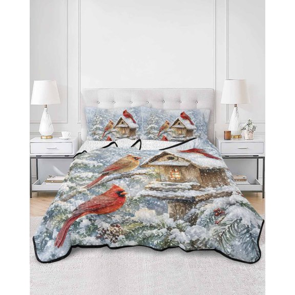 Quilts King Size, Christmas Red Cardinal Soft Comforter Bedding Set for Bed, Wood Birdhouse Winter Xmas Tree Lightweight Quilted Bedspread with Pillow Cover(2 Pieces) for All Season, 96x106 Inch