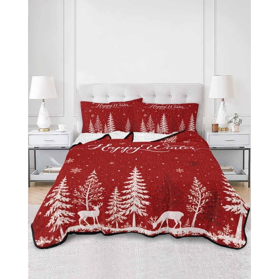 Quilts King Size, Christmas Red Soft Comforter Bedding Set for Bed, Xmas Tree Pine Forest Snowflake Happy Winter Lightweight Quilted Bedspread with Pillow Cover(2 Pieces) for All Season, 96x106 Inch