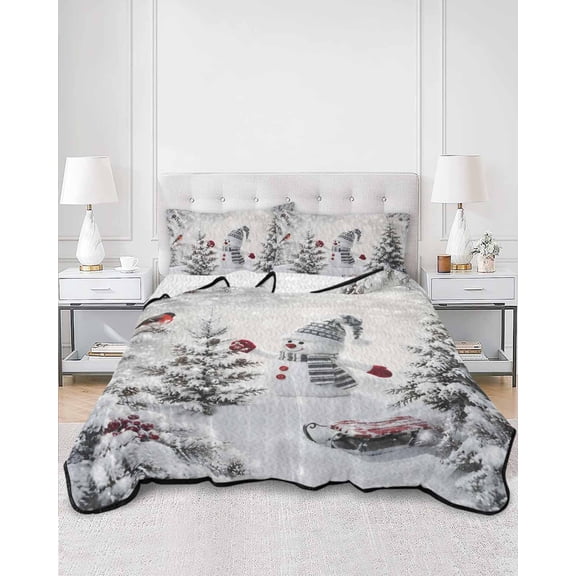 Quilts King Size, Christmas Snowman Soft Comforter Bedding Set for Bed, Xmas Tree Winter Pine Forest Snowflake Lightweight Quilted Bedspread with Pillow Cover(2 Pieces) for All Season, 96x106 Inch
