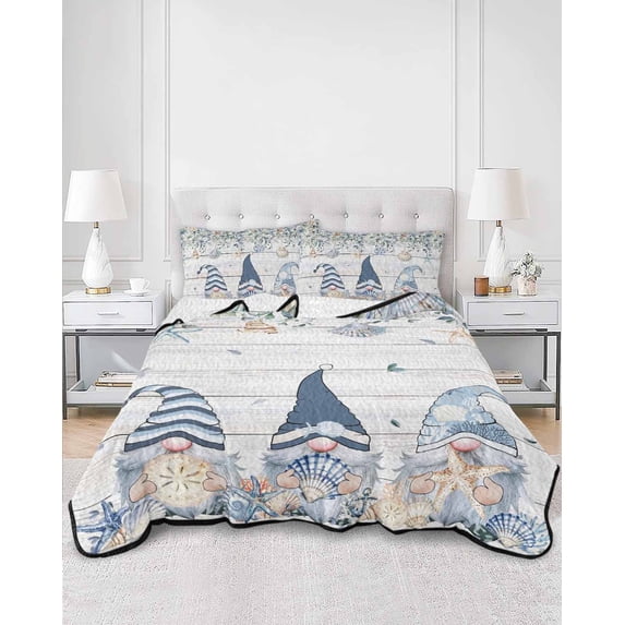 Quilts King Size, Coastal Eucalyptus Leaf Soft Comforter Bedding Set for Bed, Ocean Blue Gnomes Starfish Wood Grain Lightweight Quilted Bedspread with Pillow Cover(2 Pieces), 96x106 Inch