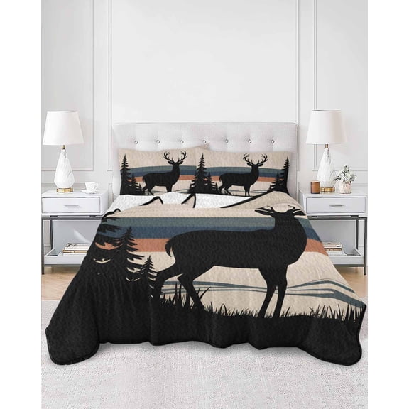Quilts King Size, Forest Elk Soft Comforter Bedding Set for Bed, Animal Antlers Silhouette Tree Stripes Lightweight Quilted Bedspread with Pillow Cover(2 Pieces) for All Season, 96x106 Inch