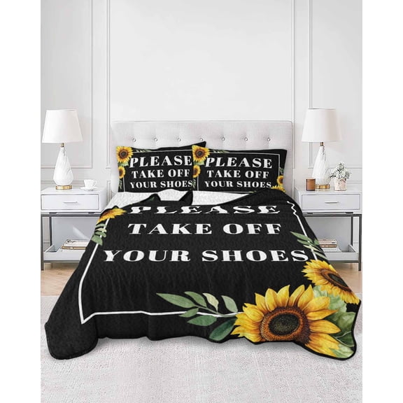 Quilts King Size, Funny Black Soft Comforter Bedding Set for Bed, Sunflower Leaf Take Off Your Shoes Lightweight Quilted Bedspread with Pillow Cover(2 Pieces) for All Season, 96x106 Inch