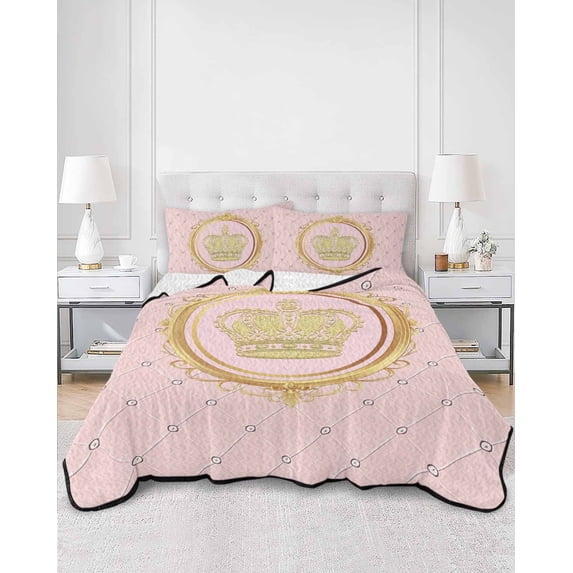 Quilts King Size, Golden Crown Soft Comforter Bedding Set for Bed, Pink Cartoon Funny Geometric Plaid Art Lightweight Quilted Bedspread with Pillow Cover(2 Pieces) for All Season, 96x106 Inch
