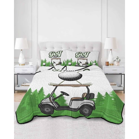 Quilts King Size, Golf Soft Comforter Bedding Set for Bed, Green Forest Tree Balls Clubs Sports Cartoon Lightweight Quilted Bedspread with Pillow Cover(2 Pieces) for All Season, 96x106 Inch