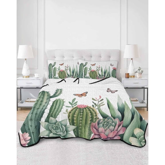 Quilts King Size, Green Cactus Soft Comforter Bedding Set for Bed, Tropical Summer Botanical Watercolor Lightweight Quilted Bedspread with Pillow Cover(2 Pieces) for All Season, 96x106 Inch
