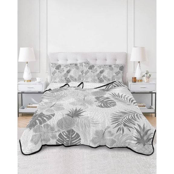 Quilts King Size, Grey Tropical Plants Soft Comforter Bedding Set for Bed, Summer Leaves Boho Floral Pineapple Lightweight Quilted Bedspread with Pillow Cover(2 Pieces) for All Season, 96x106 Inch