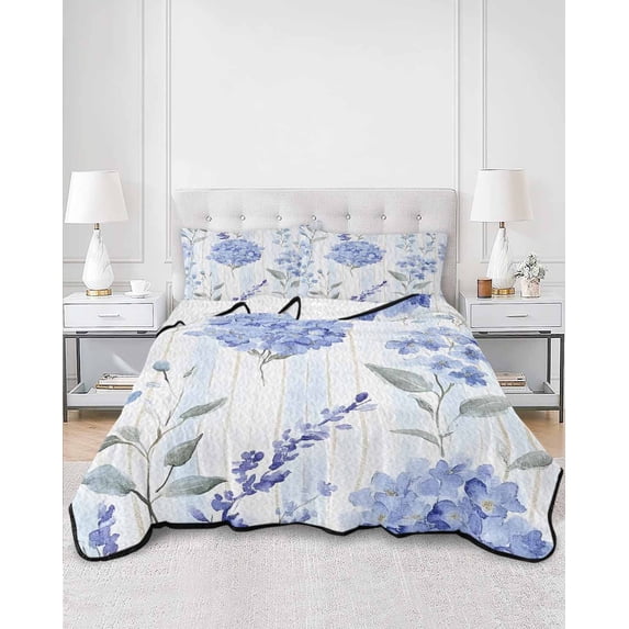 Quilts King Size, Hydrangea Leaves Soft Comforter Bedding Set for Bed, Blue Striped Botanical Floral Lightweight Quilted Bedspread with Pillow Cover(2 Pieces) for All Season, 96x106 Inch
