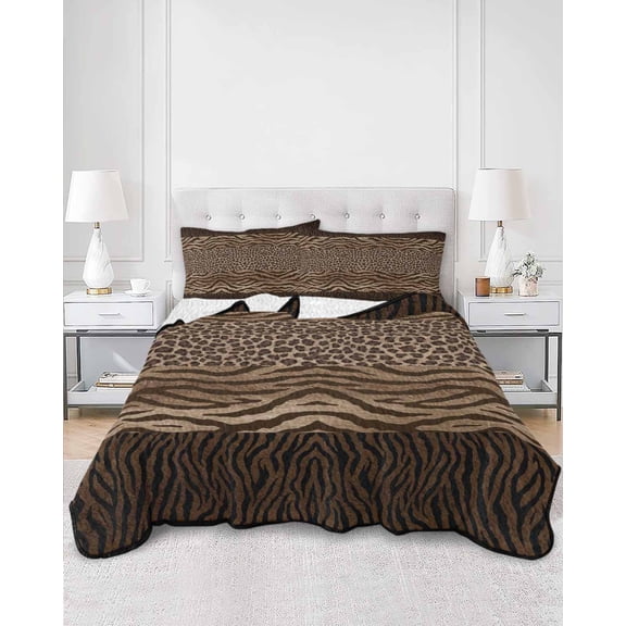 Quilts King Size, Leopard Zebra Print Soft Comforter Bedding Set for Bed, Vintage Animal Skin Striped Brown Lightweight Quilted Bedspread with Pillow Cover(2 Pieces) for All Season, 96x106 Inch