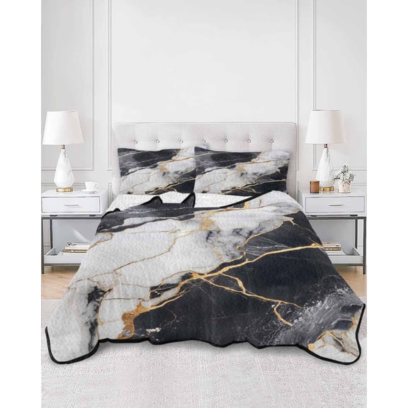 Quilts King Size, Marble Black Soft Comforter Bedding Set for Bed, Abstract Gold White Brick Stone Motif Lightweight Quilted Bedspread with Pillow Cover(2 Pieces) for All Season, 96x106 Inch