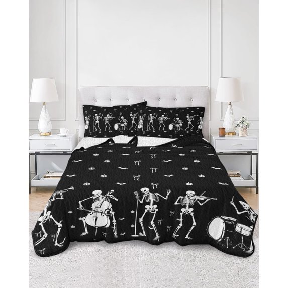Quilts King Size, Musical Skeleton Halloween Soft Comforter Bedding Set for Bed, Black White Bat Bow Lightweight Quilted Bedspread with Pillow Cover(2 Pieces) for All Season, 96x106 Inch