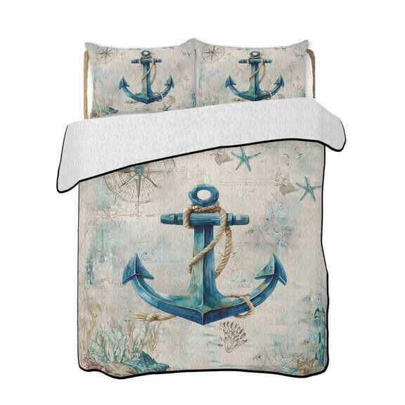 Quilts King Size, Nautical Anchor Soft Comforter Bedding Set for Bed, Vintage Coastal Summer Beach Coral Lightweight Quilted Bedspread with Pillow Cover(2 Pieces) for All Season, 96x106 Inch
