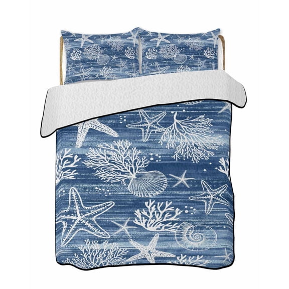 Quilts King Size, Navy Blue Coastal Soft Comforter Bedding Set for Bed, Summer Beach Ocean Coral Starfish Lightweight Quilted Bedspread with Pillow Cover(2 Pieces) for All Season, 96x106 Inch
