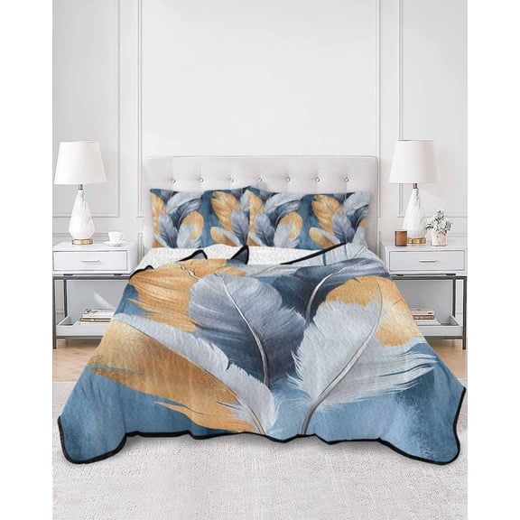 Quilts King Size, Navy Blue Yellow Feather Soft Comforter Bedding Set for Bed, Simpler Modern Abstract Art Lightweight Quilted Bedspread with Pillow Cover(2 Pieces) for All Season, 96x106 Inch