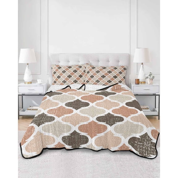 Quilts King Size, Ombre Brown Geometric Plaid Retro Abstract Morocco Gingham Soft Comforter Bedding Set for Bed, Lightweight Quilted Bedspread with Pillow Cover(2 Pieces) for All Season, 96x106 Inch
