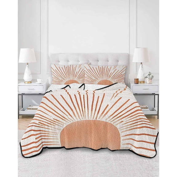 Quilts King Size, Orange Sunshine Soft Comforter Bedding Set for Bed, Lines Retro Abstract Middle Century Lightweight Quilted Bedspread with Pillow Cover(2 Pieces) for All Season, 96x106 Inch