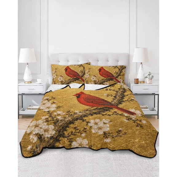 Quilts King Size, Oriental Style Cardinal Soft Comforter Bedding Set for Bed, Winter Flowers Red Birds on Branch Lightweight Quilted Bedspread with Pillow Cover(2 Pieces) for All Season, 96x106 Inch