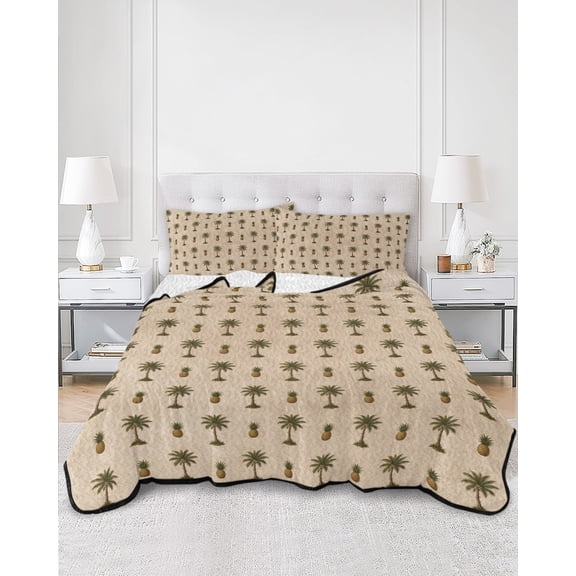 Quilts King Size, Palm Tree Tropical Soft Comforter Bedding Set for Bed, Pineapple Brown Summer Beach Lightweight Quilted Bedspread with Pillow Cover(2 Pieces) for All Season, 96x106 Inch
