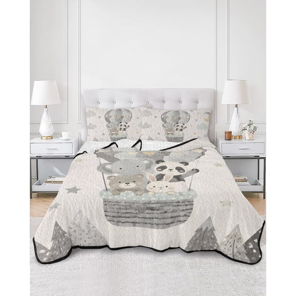 Quilts King Size, Panda Elephant Soft Comforter Bedding Set for Bed, Cartoon Grey Hot Air Balloons Bear Rabbit Lightweight Quilted Bedspread with Pillow Cover(2 Pieces) for All Season, 96x106 Inch