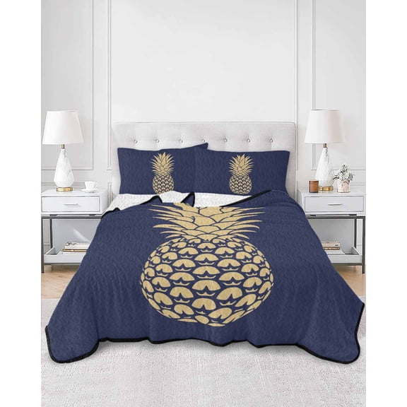 Quilts King Size, Pineapple Soft Comforter Bedding Set for Bed, Gold Yellow Navy Blue Tropical Fruit Summer Lightweight Quilted Bedspread with Pillow Cover(2 Pieces) for All Season, 96x106 Inch