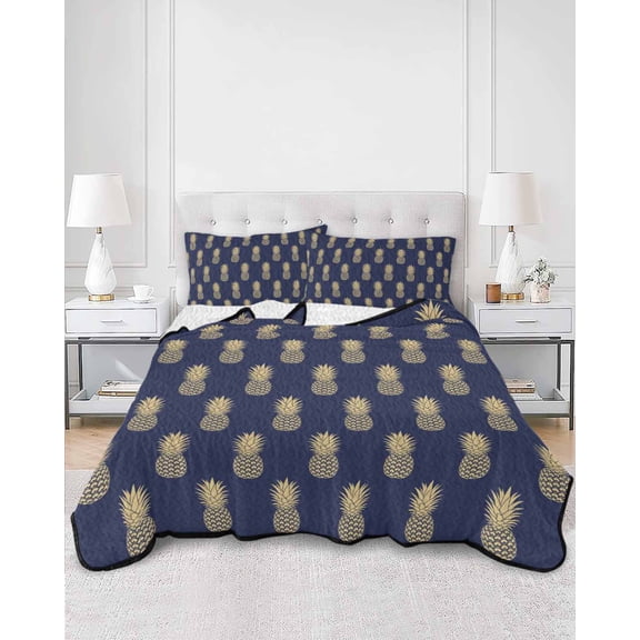 Quilts King Size, Pineapple Soft Comforter Bedding Set for Bed, Yellow Fruit Navy Blue Summer Tropical Lightweight Quilted Bedspread with Pillow Cover(2 Pieces) for All Season, 96x106 Inch
