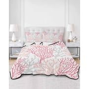 Quilts King Size, Pink Grey Coral Coastal Soft Comforter Bedding Set for Bed, Summer Beach Seaside Nautical Lightweight Quilted Bedspread with Pillow Cover2 Pieces for All Season, 96x106 Inch