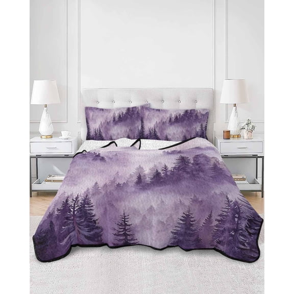 Quilts King Size, Purple Mountain Soft Comforter Bedding Set for Bed, Misty Forest Nature Woodland Pine Tree Landscape Lightweight Quilted Bedspread with Pillow Cover(2 Pieces), 96x106 Inch