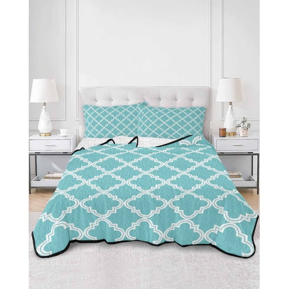 Quilts King Size, Quatrefoil Moroccan Pattern Soft Comforter Bedding Set for Bed, Geometric Aqua Morocco Lightweight Quilted Bedspread with Pillow Cover(2 Pieces) for All Season, 96x106 Inch