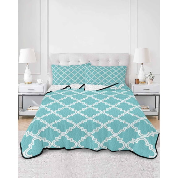 Quilts King Size, Quatrefoil Moroccan Pattern Soft Comforter Bedding Set for Bed, Geometric Aqua Morocco Lightweight Quilted Bedspread with Pillow Cover(2 Pieces) for All Season, 96x106 Inch