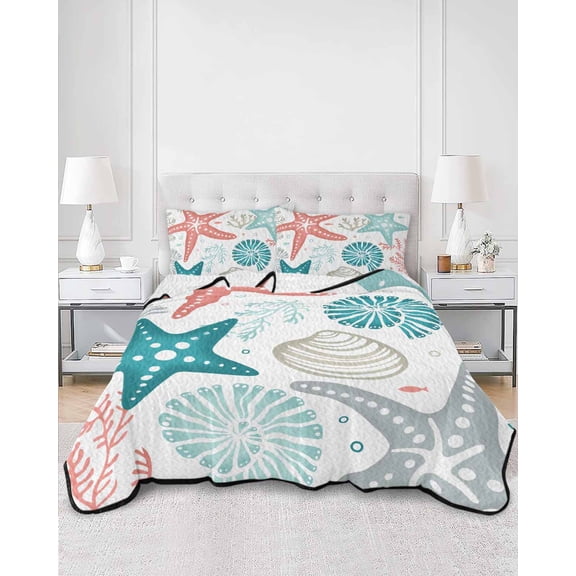 Quilts King Size, Red Teal Starfish Coastal Soft Comforter Bedding Set for Bed, Summer Beach Nautical Coral Sea Lightweight Quilted Bedspread with Pillow Cover(2 Pieces) for All Season, 96x106 Inch