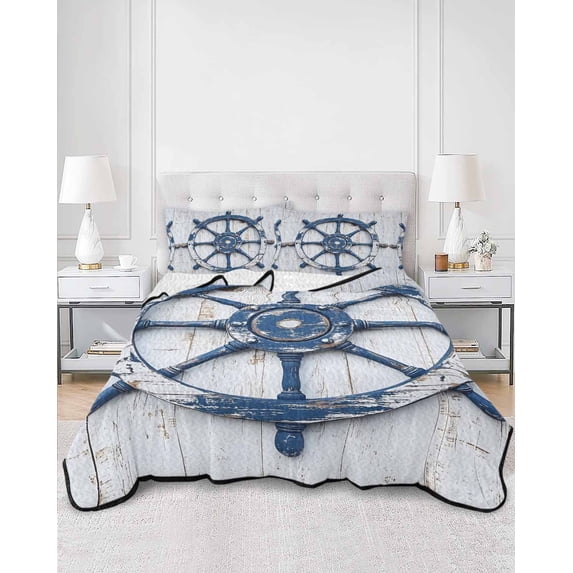 Quilts King Size, Retro Rudder Coastal Soft Comforter Bedding Set for Bed, Summer Beach Ocean Nautical Lightweight Quilted Bedspread with Pillow Cover(2 Pieces) for All Season, 96x106 Inch
