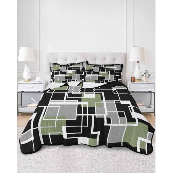 Quilts King Size, Sage Green Black Geometric Soft Comforter Bedding Set for Bed, Modern Abstract Art Block Lightweight Quilted Bedspread with Pillow Cover(2 Pieces) for All Season, 96x106 Inch