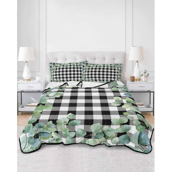 Quilts King Size, Sage Green Eucalyptus Soft Comforter Bedding Set for Bed, Spring Leaves Black White Plaid Lightweight Quilted Bedspread with Pillow Cover(2 Pieces) for All Season, 96x106 Inch