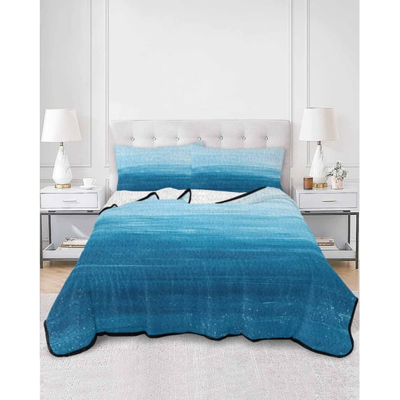 Quilts King Size, Sky Blue Ombre Soft Comforter Bedding Set for Bed, Modern Abstract Art Ocean Oil Painting Lightweight Quilted Bedspread with Pillow Cover(2 Pieces) for All Season, 96x106 Inch