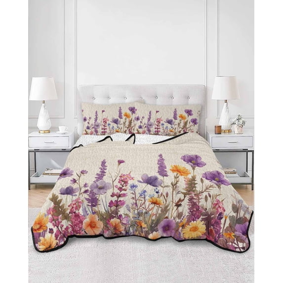 Quilts King Size, Spring Floral Soft Comforter Bedding Set for Bed, Farmhouse Pastoral Summer Botanical Lightweight Quilted Bedspread with Pillow Cover(2 Pieces) for All Season, 96x106 Inch
