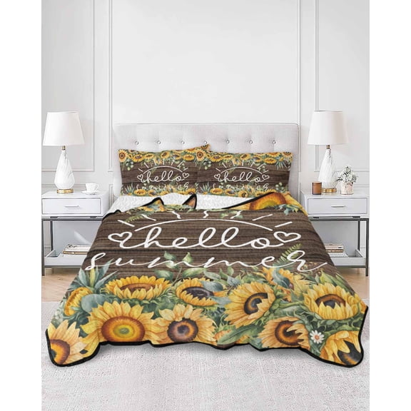 Quilts King Size, Sunflower Soft Comforter Bedding Set for Bed, Yellow Summer Botanical Flowers Wooden Lightweight Quilted Bedspread with Pillow Cover(2 Pieces) for All Season, 96x106 Inch