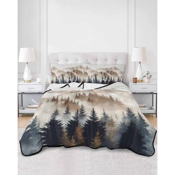 Quilts King Size, Tan Trees Forest Soft Comforter Bedding Set for Bed, Mountain Woods Natural Scenery Lightweight Quilted Bedspread with Pillow Cover(2 Pieces) for All Season, 96x106 Inch