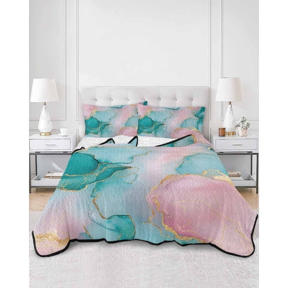 Quilts King Size, Teal Pink Marble Soft Comforter Bedding Set for Bed, Modern Art Ink Painting Abstract Lightweight Quilted Bedspread with Pillow Cover(2 Pieces) for All Season, 96x106 Inch